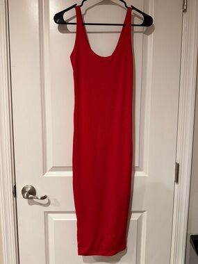 naked wardrobe Red Scoop Neck Midi bodycon Dress